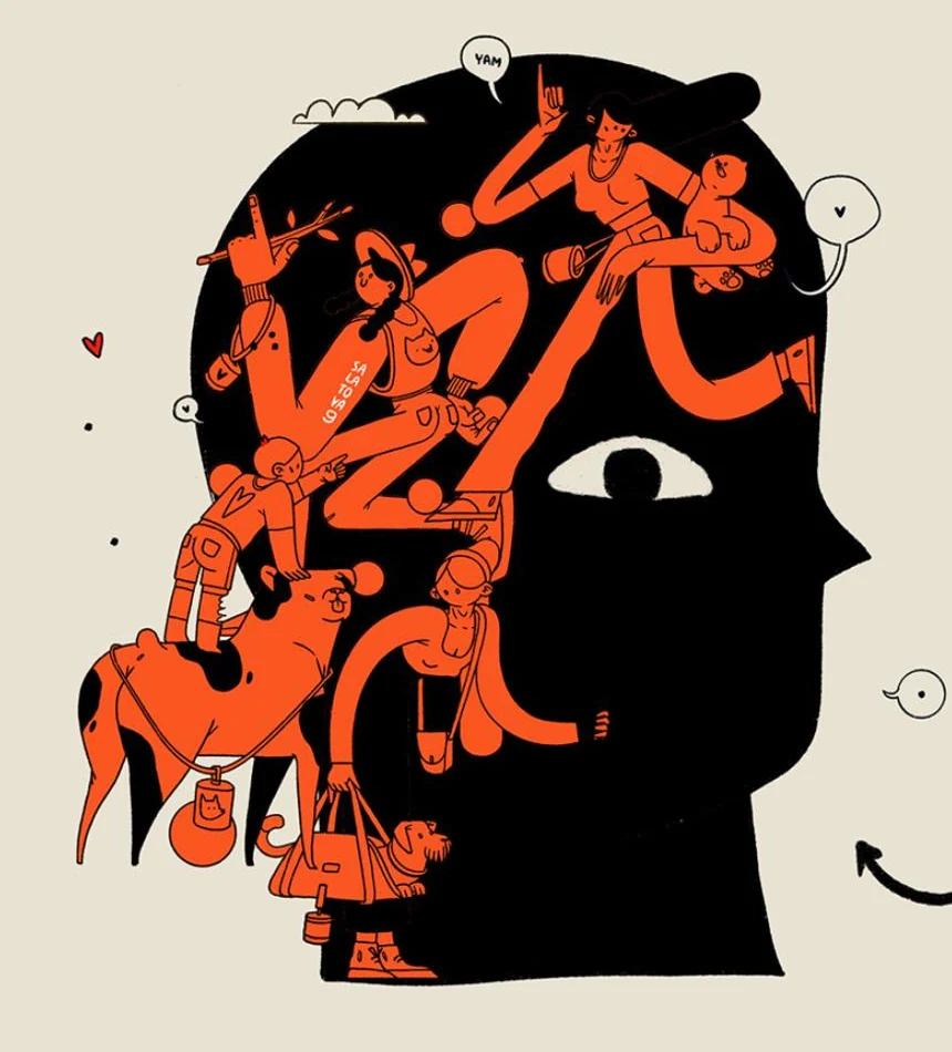 Illustration: a head full of the specialists who work on a campaign